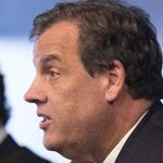New York Governor Andrew Cuomo, left, listens as New Jersey Governor Chris Christie spoke at a news conference. 