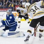 The Bruins? Carl Soderberg is right on the doorstep to beat Maple Leafs goalie Jonathan Bernier with the first goal of the game during first-period action in Toronto. Nathan Denette/Associated Press