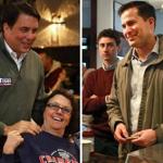 Richard Tisei campaigned in North Reading last month (left), and Seth Moulton made a stop at the Corners Cafe & Deli in Ipswich on Saturday. 