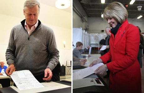 Charlie Baker voted in Swampscott, while Martha Coakley cast her vote at the West Medford fire station.
