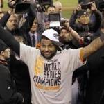 San Francisco Giants' Pablo Sandoval celebrates after Game 7 of baseball's World Series against the Kansas City Royals Wednesday, Oct. 29, 2014, in Kansas City, Mo. The Giants won 3-2 to win the series. (AP Photo/Matt Slocum) 