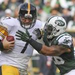 Ben Roethlisberger  escaped a tackle attempt by Jets strong safety Dawan Landry in the first half.
