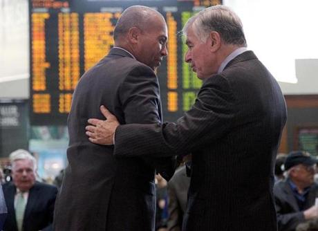 Governor Deval Patrick spoke with former Governor Michael Dukakis after the ceremony.
