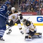 Maple Leafs forward James van Riemsdyk tipped the puck past Bruins goalie Niklas Svedberg in the second period.