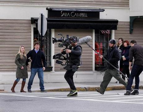 Cast and crew from ?Tumbledown? took over a street in downtown Concord while filming an outdoor scene in April. 
