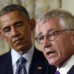 President Barack Obama, left, listened as Defense Secretary Chuck Hagel, right, talked about his resignation during an event at the White House in Washington, Nov. 24, 2014.