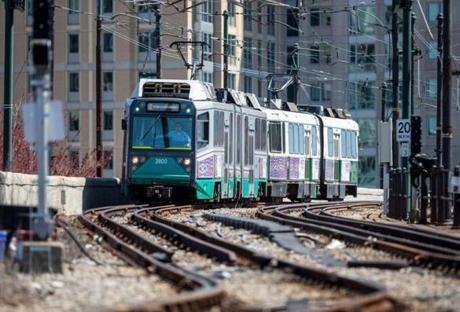 An MBTA Green Line train pulls into Lechmere Station in Cambridge, now the end of its route.
