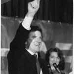 Senator Gary W. Hart at a victory celebration in Manchester after the 1984 New Hampshire primary.