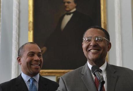 Governor Deval Patrick appeared with Justice Roderick Ireland after he was confirmed as the new Chief Justice of the Massachusetts Supreme Court in December 2010.
