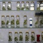 Medical marijuana vials displayed at the Venice Beach Care Center medical marijuana dispensary in Venice, Calif.
