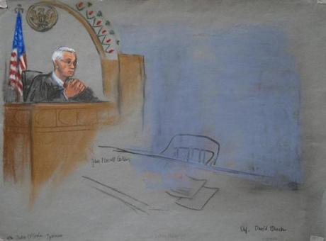 A courtroom sketch of Judge George A. O?Toole Jr.
Judge George A. O?Toole has been described by those who know him as cool, calm, and totally objective in his courtroom.
