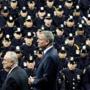 New York City Mayor Bill de Blasio (right) and New York Police Commissioner William Bratton stood on stage during the New York City Police Academy's graduation ceremony at Madison Square Garden in New York.