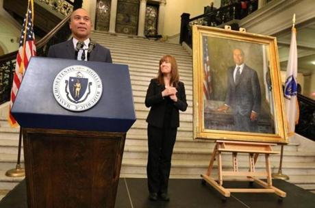 Outgoing Governor Deval Patrick addressed supporters during a State House reception after his portrait was unveiled.
