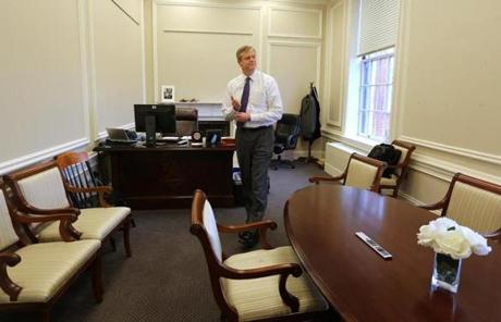 Governor Charlie Baker settled in for his second day of work at the State House on Monday, in the austere office of former Governor Deval Patrick's chief of staff.
