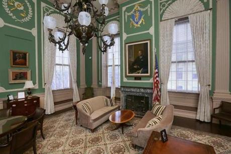 Governor Charlie Baker settled in for his second day of work at the State House on Monday, in the austere office of former Governor Deval Patrick's chief of staff.

