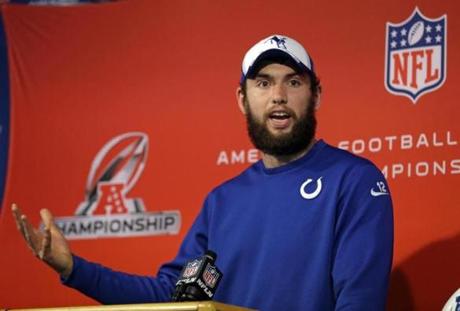 Indianapolis Colts quarterback Andrew Luck answers a question during an NFL football press conference at the team's practice facility in Indianapolis, Wednesday, Jan. 14, 2015. The Colts face the New England Patriots in Sunday's AFC Championship in Foxborough, Mass. (AP Photo/Michael Conroy)
