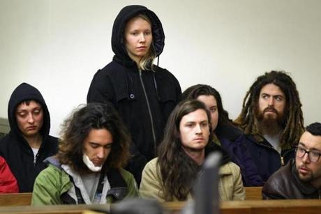 16protests - Protesters that blocked Interstate 93 in Milton at rush hour this morning are arraigned in Quincy District Court, Thursday, January 15, 2015.All were released on their own recognizance. (Gary Higgins/Pool)

