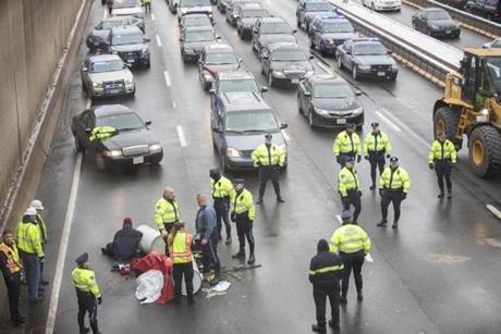 Traffic was at a standstill for times in Milton as protesters blocked I-93.
