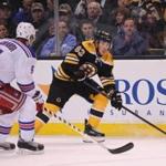 BOSTON, MA - JANUARY 15: Brad Marchand #63 of the Boston Bruins looks for a shot around Dan Girardi #5 of the New York Rangers during the first period at TD Garden on January 15, 2015 in Boston, Massachusetts. (Photo by Maddie Meyer/Getty Images)
