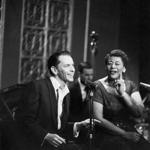 Frank Sinatra and Ella Fitzgerald performing on a TV special circa 1955. 