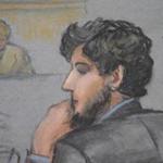 Boston Marathon bombing suspect Dzhokhar Tsarnaev during the jury selection process in his trial, as portrayed in a courtroom sketch. 