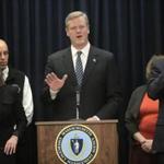 Governor Charlie Baker appeared with Lieutenant Governor Karyn Polito at a news conference at the Massachusetts Emergency Management Agency office Monday in Framingham.