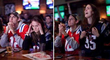 Ben DeForest (left) and Emily Kerwin experienced a range of emotions while watching the game at Jerry Remy?s Sports Bar & Grill.
