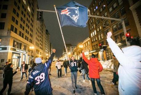 Fans celebrated on Boylston Street after the Patriots victory in Super Bowl XLIX.
