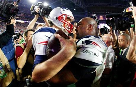 Tom Brady and Vince Wilfork shared a moment after the Patriots? Super Bowl win.
