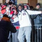 02/02/2015 FOXBOROUGH, MA Fans surrounded Chandler Jones (cq) as the Patriots returned to Gillette Stadium (cq) in Foxborough to clean out their lockers after winning the Super Bowl against the Seattle Seahawks in Arizona. (Aram Boghosian for The Boston Globe)