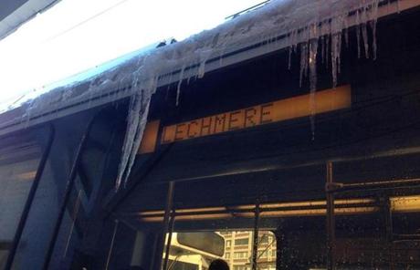 Icicles could be seen on a Green Line train.
