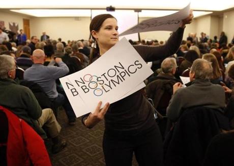 Backers and opponents packed the first forum on the Games? bid, held at Suffolk Law School.
