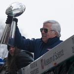 Patriots owner Robert Kraft held the Lombardi trophy during the Super Bowl victory parade in Boston.