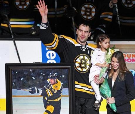 Chara said he and his wife, Tatiana, shown with their daughter Elliz Victoria at a 2012 ceremony honoring his 1000th NHL game, both value education highly.
