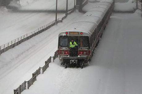 Snow caused a Red Line train to become stuck in Quincy on Monday.
