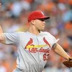 WASHINGTON, DC - AUGUST 8: Justin Masterson #63 of the St. Louis Cardinals pitches in the second inning during a baseball game against the Baltimore Orioles on August 8, 2014 at Orioles Park at Camden Yards in Baltimore, Maryland. (Photo by Mitchell Layton/Getty Images)