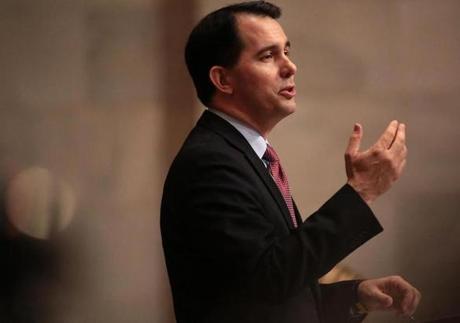Wisconsin Governor Scott Walker delivered his state budget address at the Wisconsin state Capitol in Madison earlier this month.
