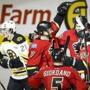 Boston Bruins Loui Eriksson, left, from Sweden, skates away as Calgary Flames TJ Brodie, center left, celebrates his game-winning goal with teammates during overtime in an NHL hockey action in Calgary, Alberta, Monday, Feb. 16, 2015. (AP Photo/The Canadian Press, Jeff McIntosh)