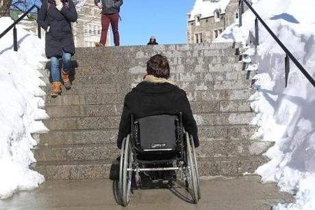 From her wheelchair, a graduate student pointed out this new set of stairs during a recent tour of the campus.
