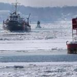  A Coast Guard vessel broke up ice in Hull Bay Thursday, an effort that has criss-crossed between there and Boston Harbor for months.