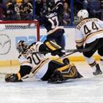 Boston Bruins goalie Malcolm Subban is unable to stop the puck on a shot by St. Louis Blues' Petteri Lindbohm (not pictured), of Finland, during the second period of an NHL hockey game Friday, Feb. 20, 2015, in St. Louis. (AP Photo/Scott Kane) 