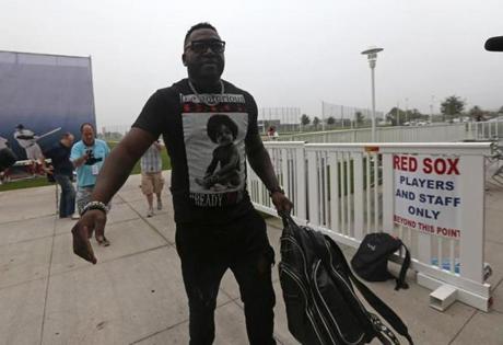 Fort Myers, FL - 02/24/15 - A lean trim looking Boston Red Sox designated hitter David Ortiz arrived at camp early this morning. Red Sox Spring Training. (Barry Chin/Globe Staff), Section: Sports, Reporter: Peter Abraham, Topic: 25Red Sox, LOID: 8.0.2717390732. 
