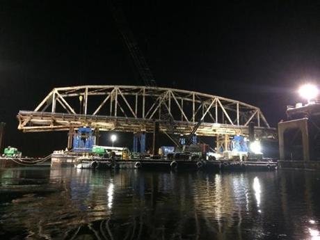 A 250-foot-long span of the Long Island Bridge was removed Wednesday.
