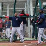 Fort Myers, FL - 02/26/15 - Boston Red Sox right fielder Shane Victorino (18) takes batting practice as Boston Red Sox designated hitter David Ortiz (34) and Boston Red Sox shortstop Hanley Ramirez (13) look on. Red Sox Spring Training. (Barry Chin/Globe Staff), Section: Sports, Reporter: Peter Abraham, Topic: 25Red Sox, LOID: 8.0.2826364469. 