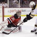 Bruins forward Reilly Smith was denied by Devils goalie Cory Schneider on a first-period bid.