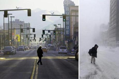 In Anchorage (left) 4th Street was barren of snow, unlike Boylston Street in Boston on Valentine?s Day. 
