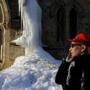 BOSTON Ñ 2/27/2015: An ice dam forms along the walls of Church of the Covenant on Newbury Street. Temperatures remain below average for the month of February. (Sean Proctor/Globe Staff)