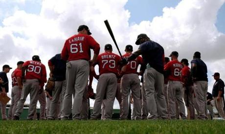 Fort Myers, FL - 03/01/15 - Sox players gather before a drill involving infield shifts. Red Sox Spring Training. (Barry Chin/Globe Staff), Section: Sports, Reporter: Peter Abraham, Topic: 02Red Sox, LOID: 8.0.2826364469. 
