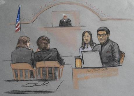 Dun Meng (far right) is depicted in a courtroom sketch testifying in the trial of Dzhokhar Tsarnaev.
