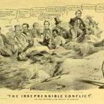 A copy of a Currier & Ives lithograph titled ?The Irrepressible Conflict? showing the Republican Party, during the election of 1860, struggling over the topic of slavery.